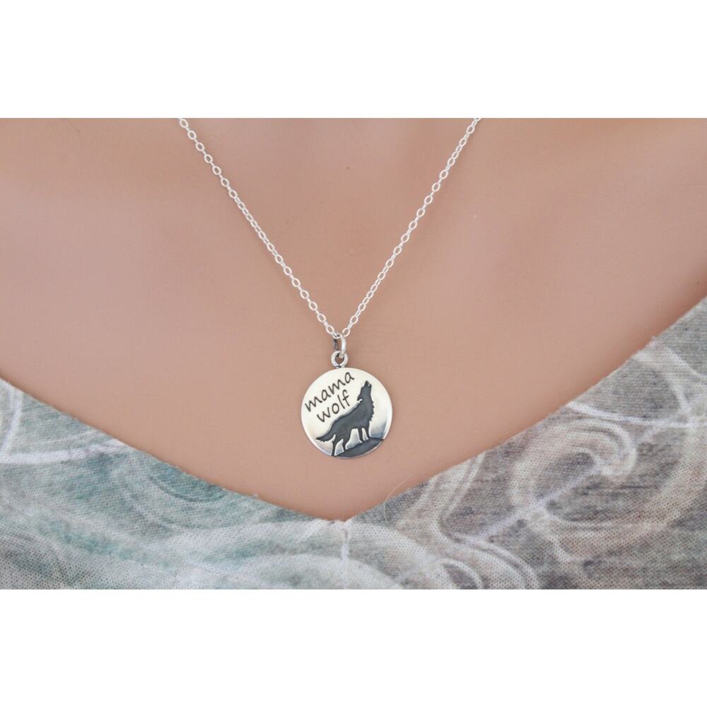 Sterling Silver Etched Mama Wolf on a Disk Necklace